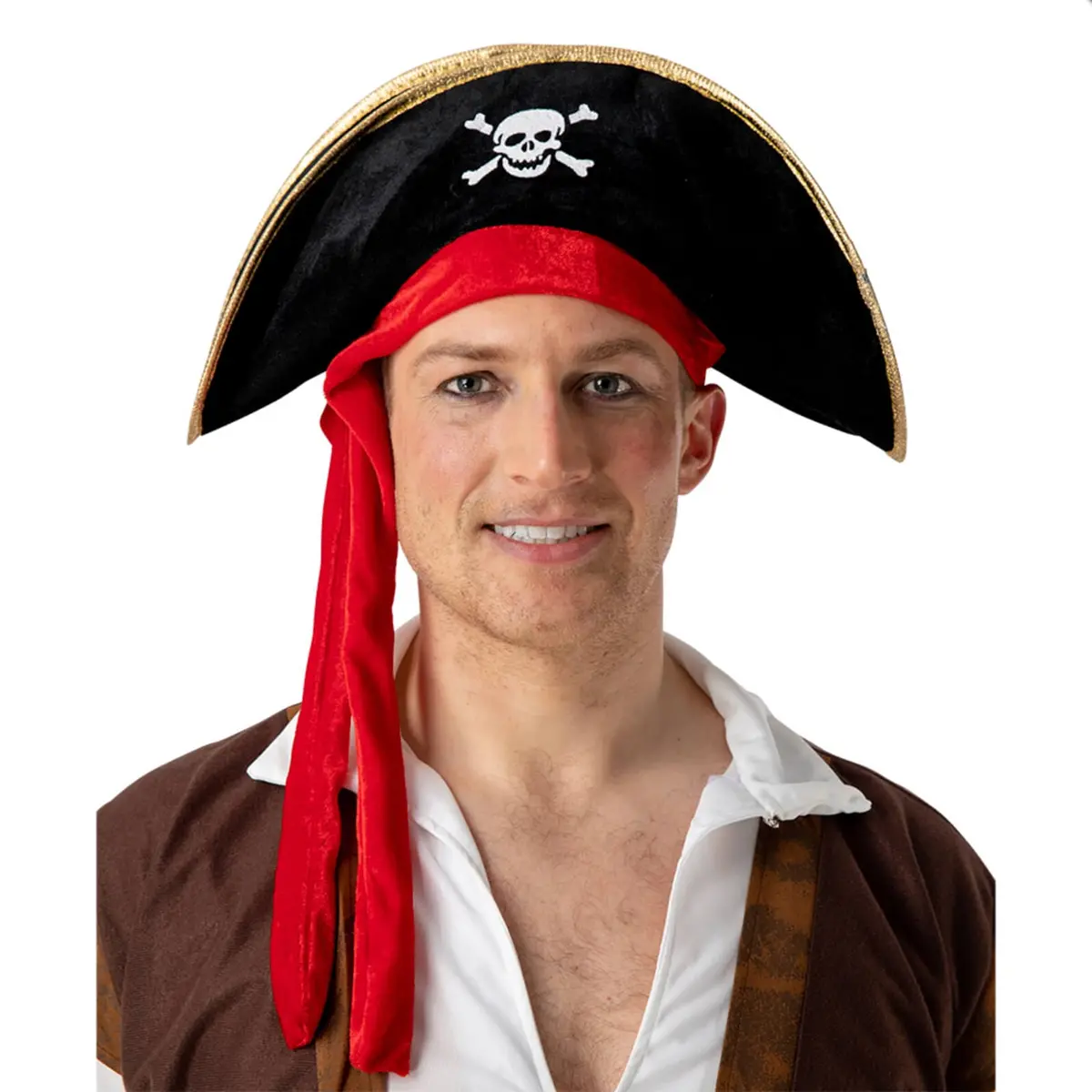 Pirate Hat Black Red Bandana Skull Crossbones Fancy Dress 1