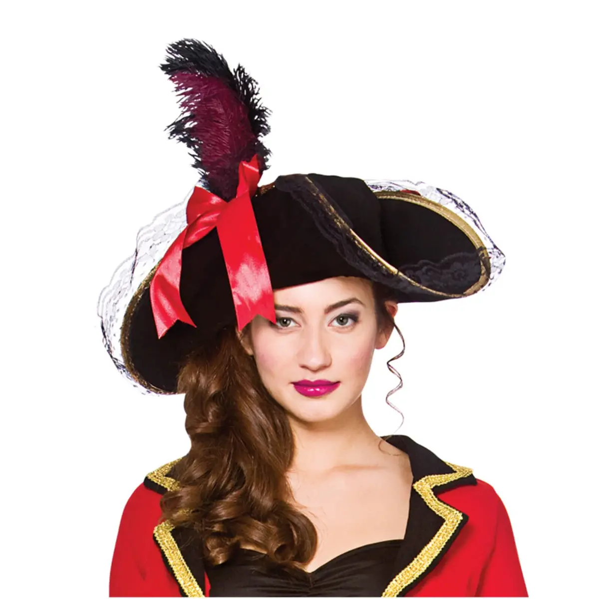 Womens Deluxe Pirate Hat Black Red Feather Fancy Dress 1