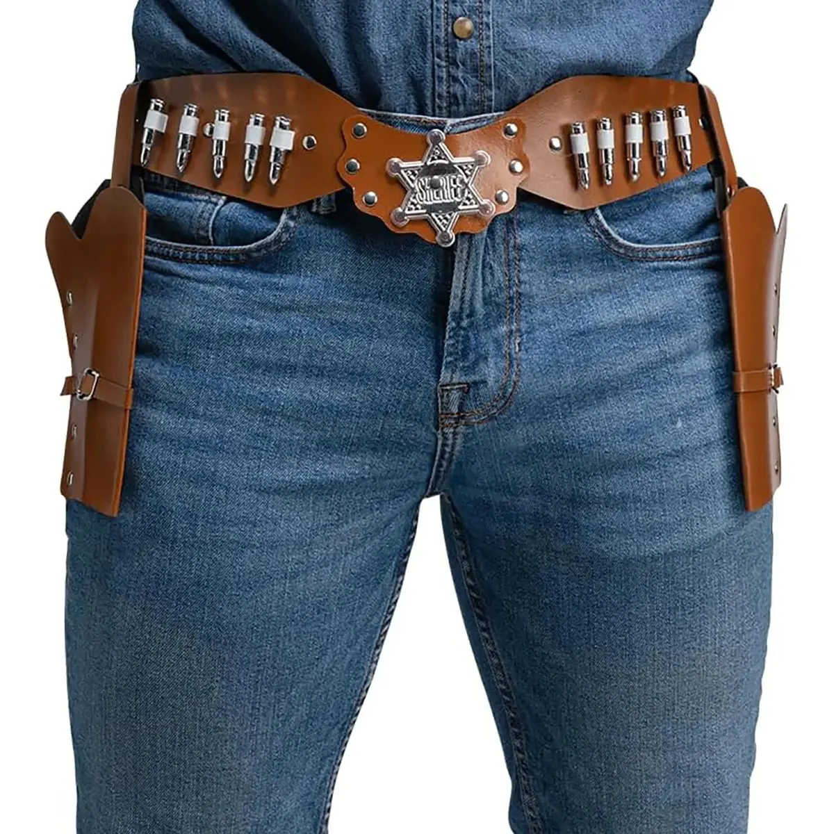 Cowboy Belt 2 Holsters Sheriff Star Badge Fake Bullets Brown 1