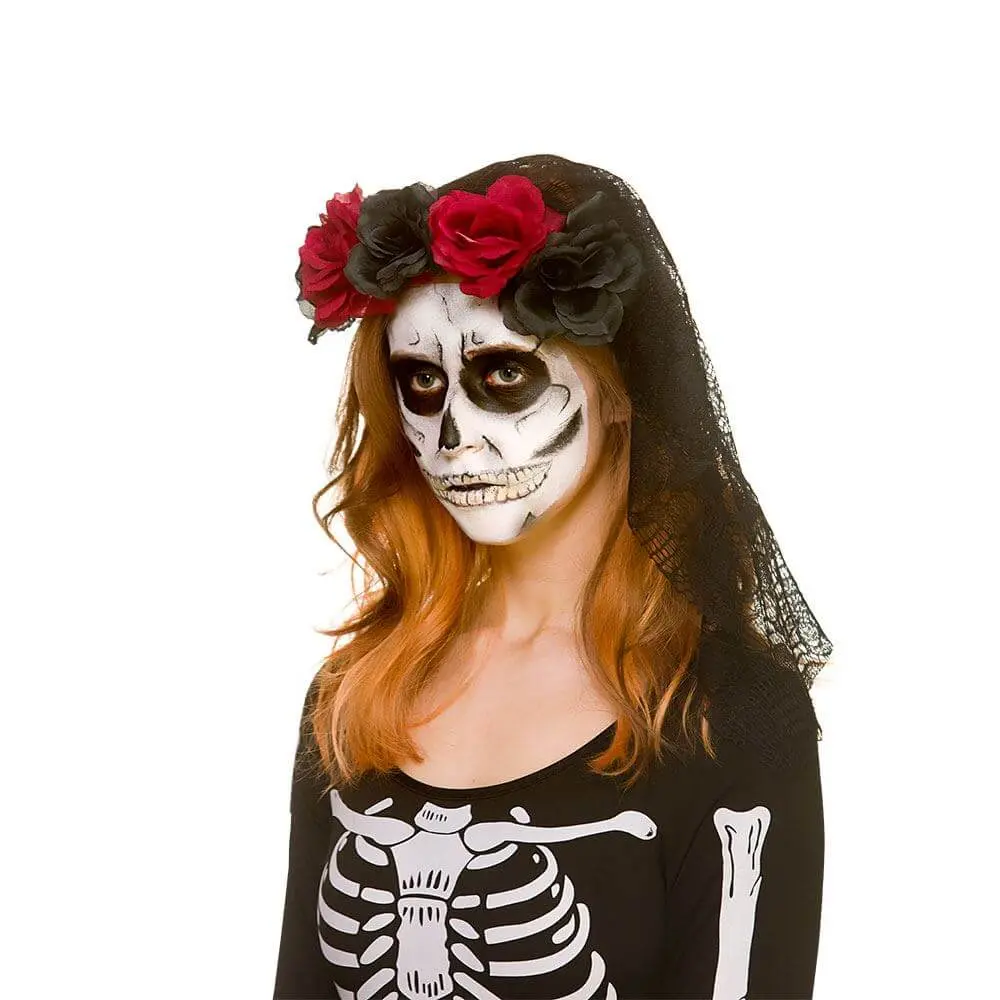Red Black Rose Headband Lace Veil Sugar Skull Fancy Dress 1
