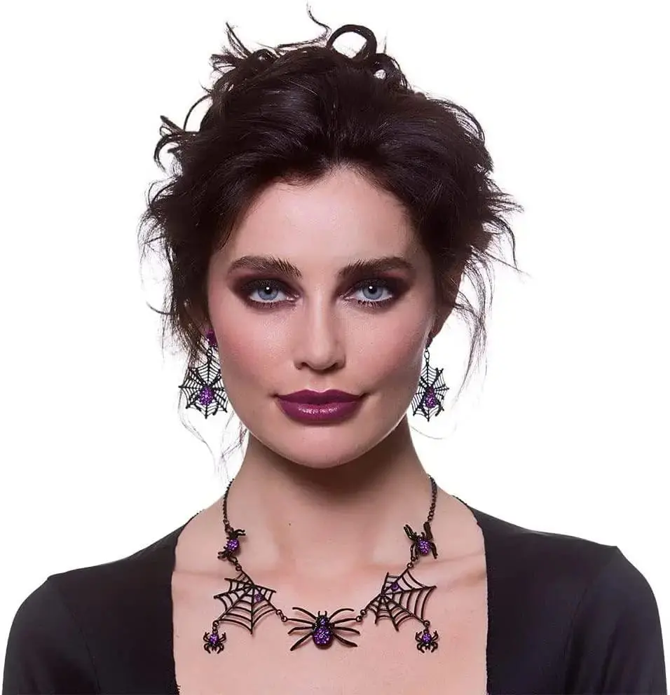 Witch Earrings & Necklace Set Spider Webs Black Purple 1