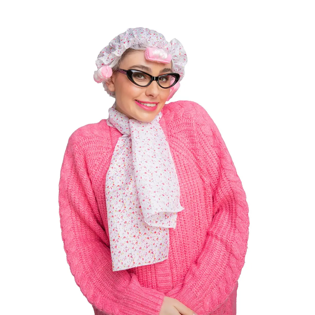 Adults Instant Old Lady Set Wig Rollers Glasses Scarf Fancy Dress 1