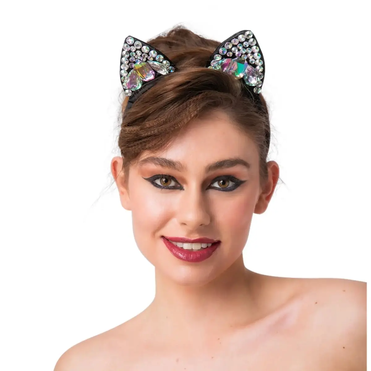 Black Cat Ears With Jewels Headband Sparkling Fancy Dress 1