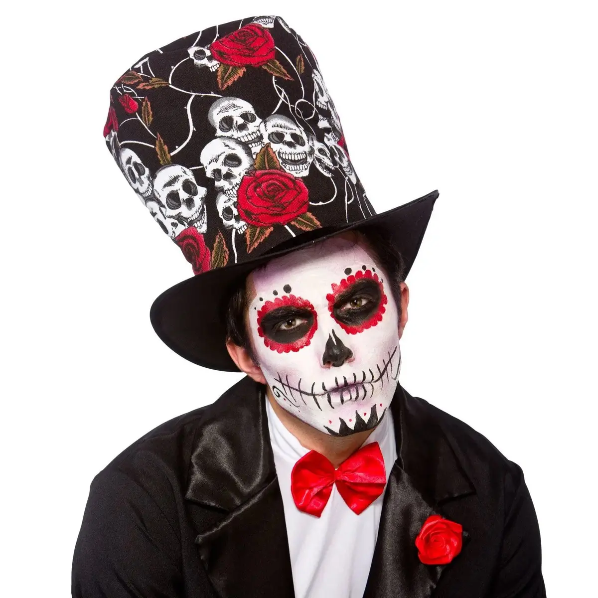 Adults Day Of The Dead Top Hat Skulls Roses Fancy Dress 1