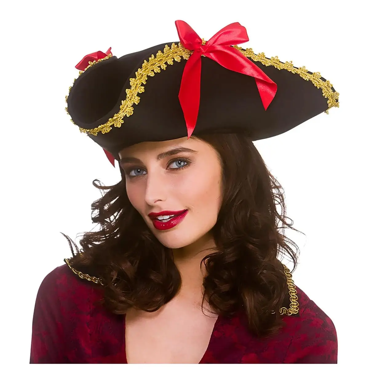Womens Pirate Hat Red Ribbon Gold Braid Fancy Dress 1