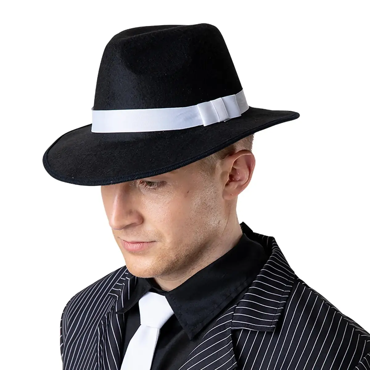 Gangster Hat Black Fedora White Band Mafia Fancy Dress 1