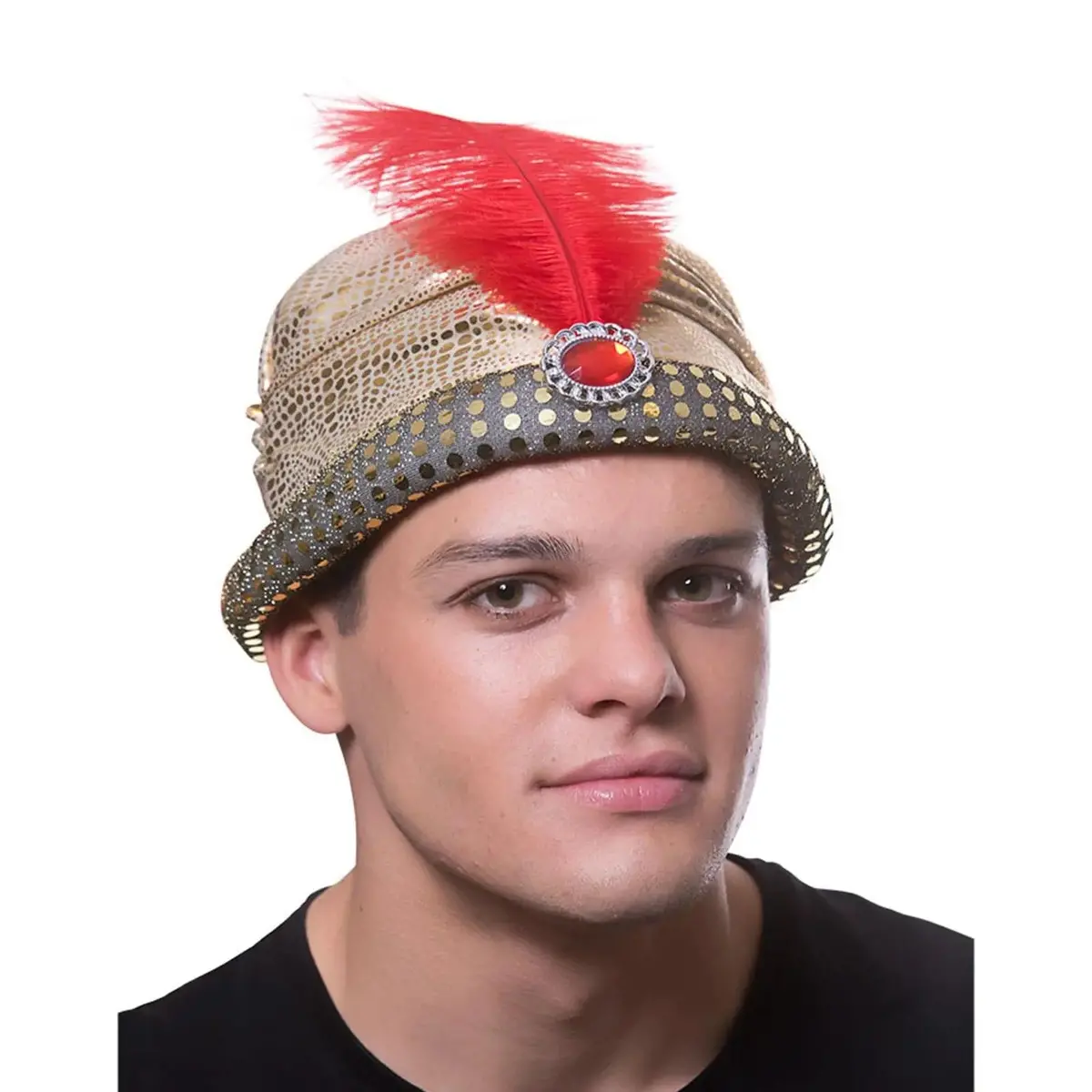 Arabian Nights Sultan Hat Gold Red Jewel Feather Fancy Dress 1