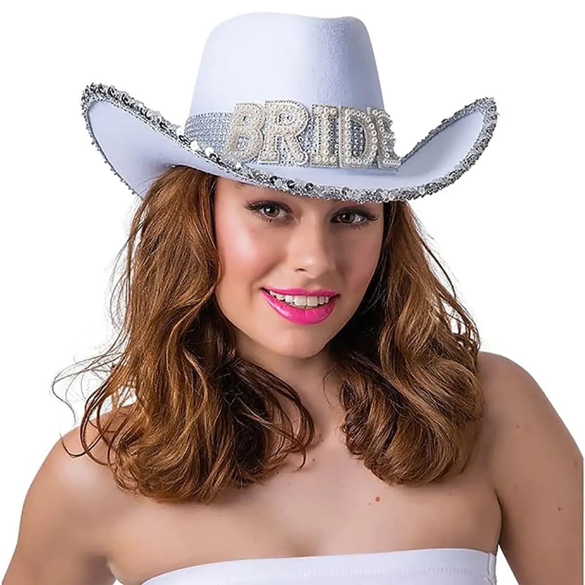 Texan Cowgirl Hat Bride White Pearls Sequins Hen Night Party 1