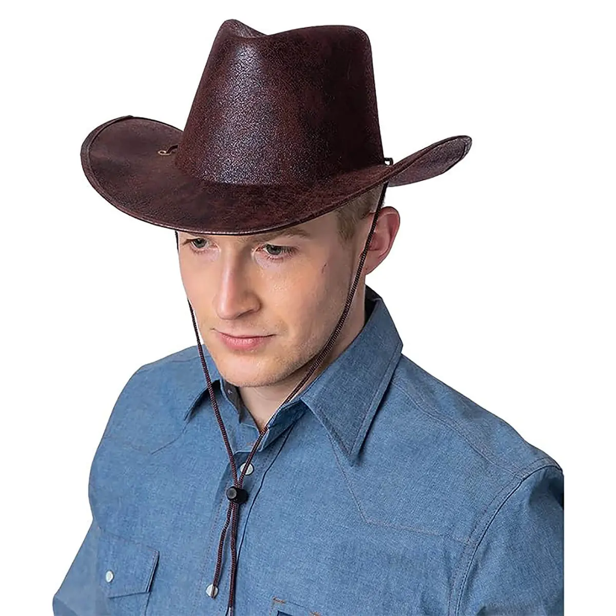 Texan Cowboy Hat Brown Aged Faux Leather Fancy Dress Party 1