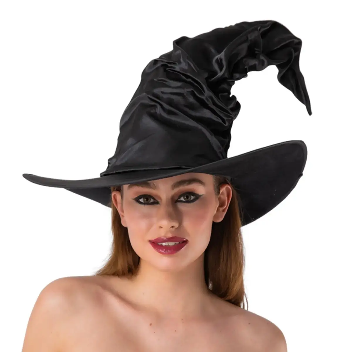 Adults Crooked Witch Hat Black Satin Wizard Halloween Fancy Dress 1