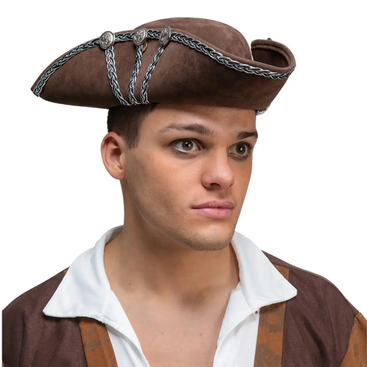 Adults Deluxe Brown Pirate Hat With Silver Trim Enhanced Fit 1