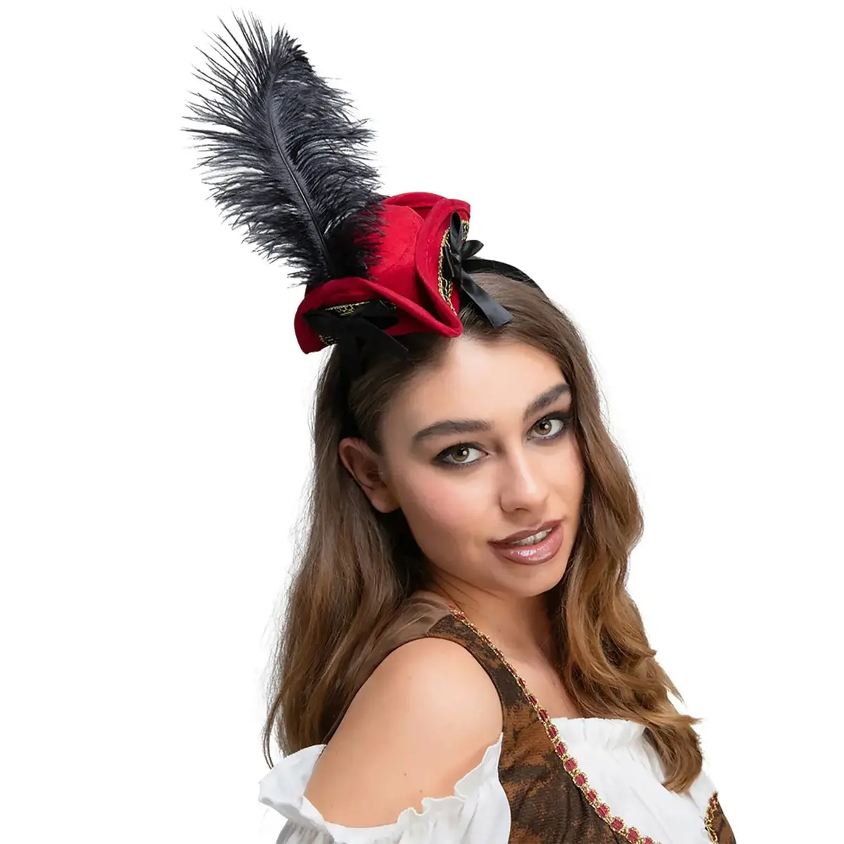 Deluxe Mini Pirate Hat Red Black Feather Bow Headband Fancy Dress 1