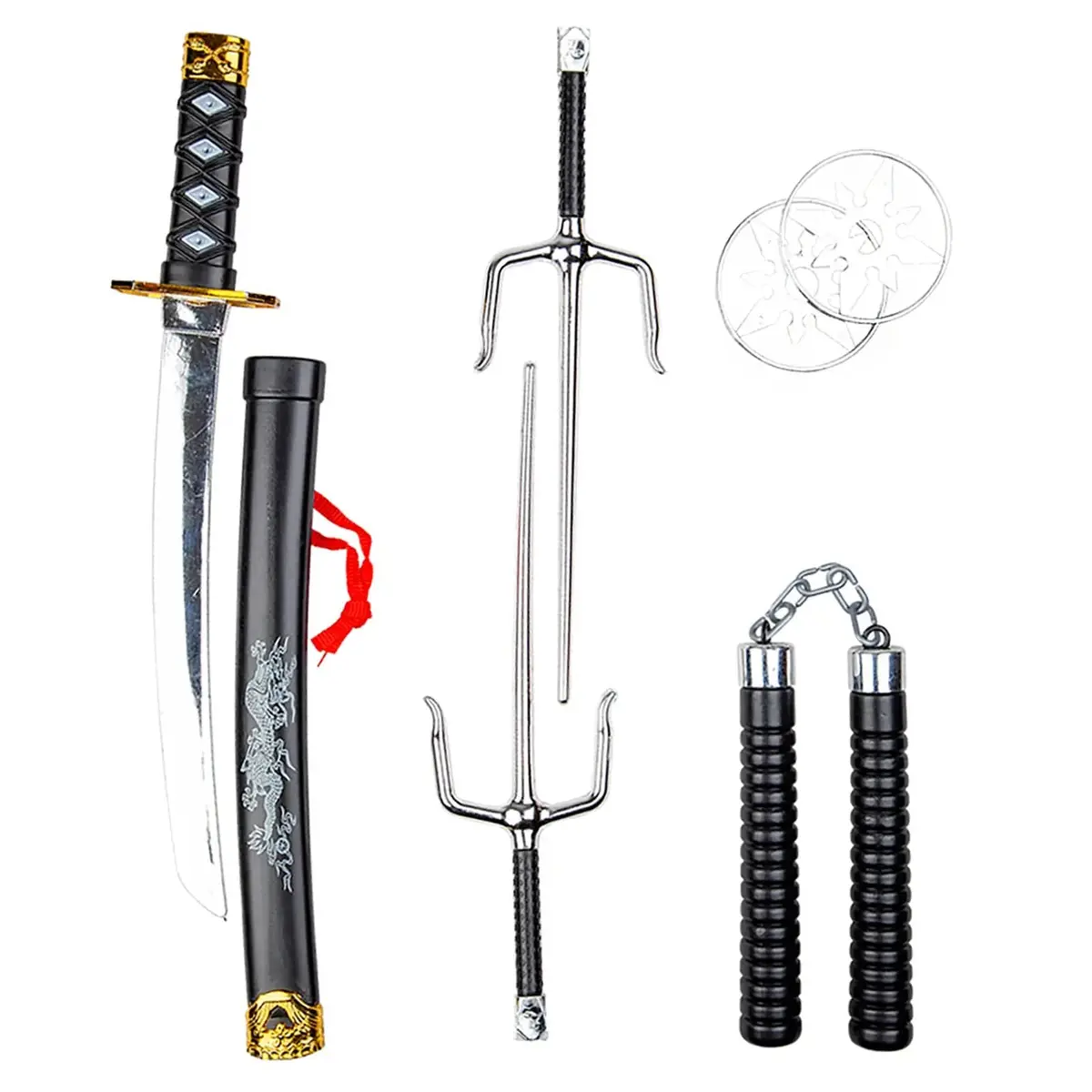 Kids 7 Piece Ninja Weapons Set Sword Daggers Nunchucks Stars 1