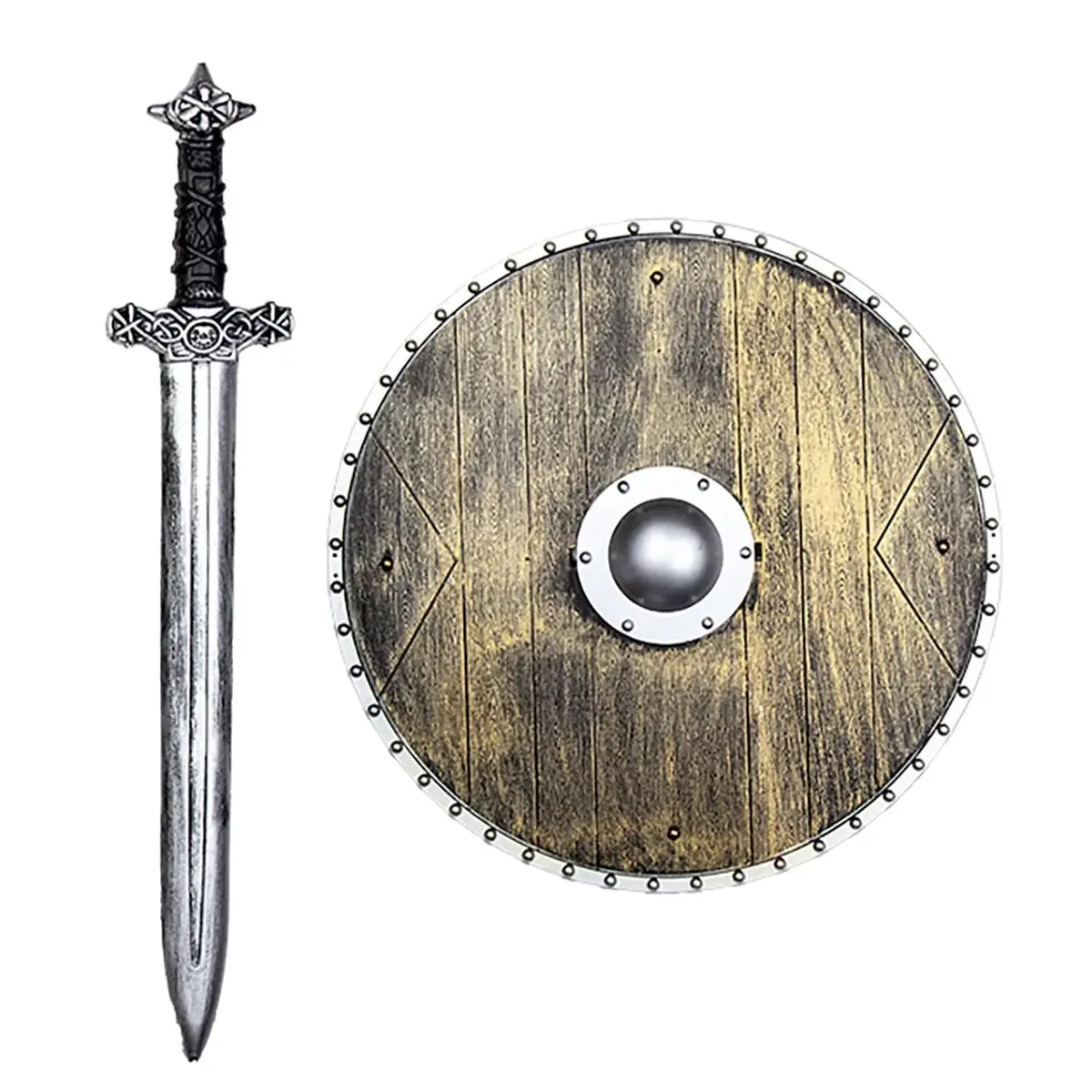 Kids Viking Warrior Sword & Shield Play Set Wood Silver Effect 1