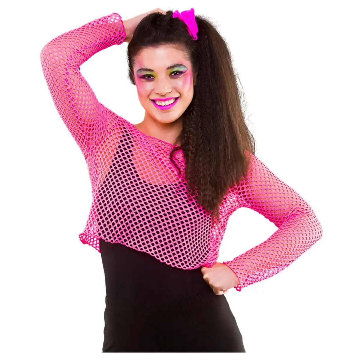 Neon Mesh Top Long Sleeve Retro 80S Fishnet Fancy Dress 1