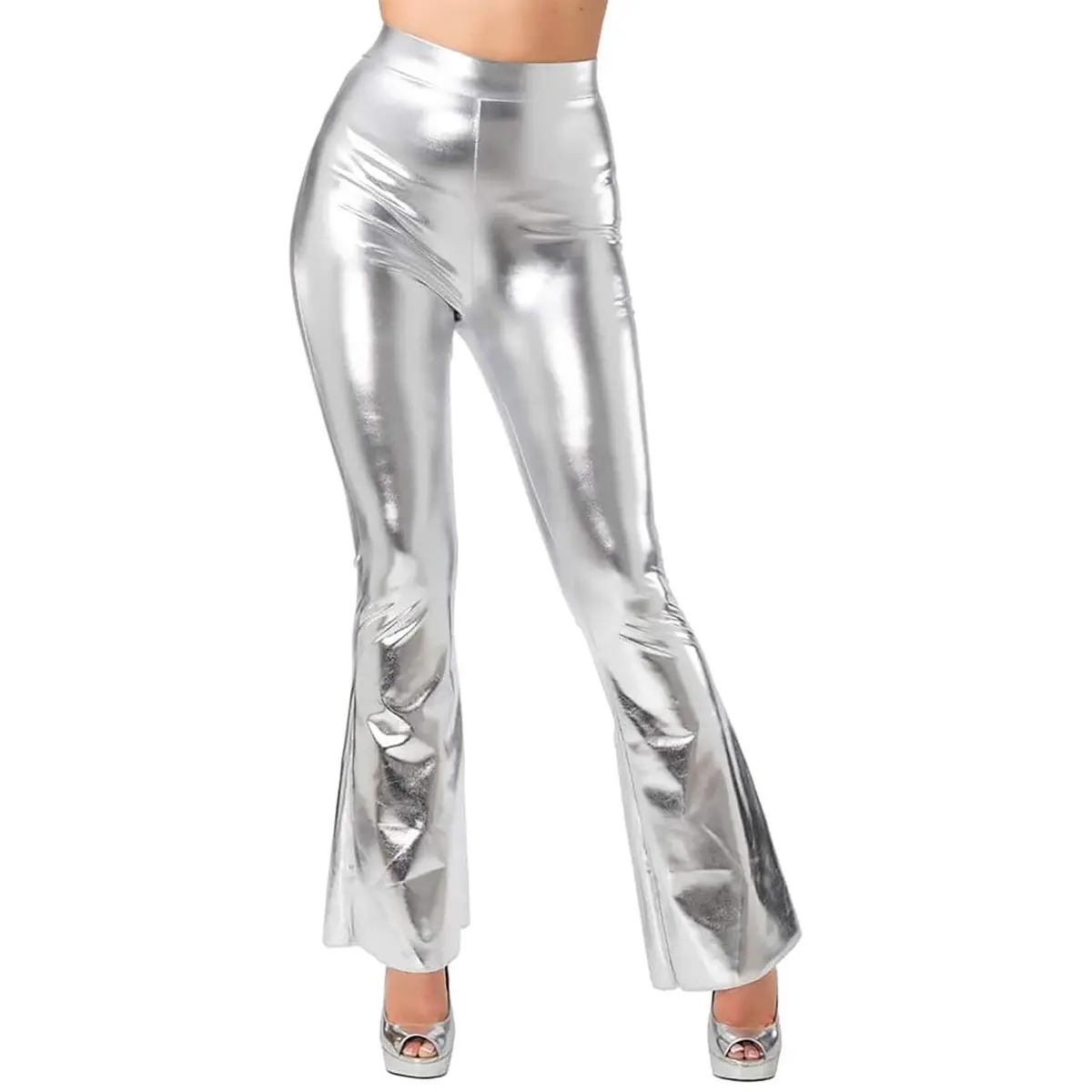 Womens Retro Flares Silver Disco Trousers 60S 70S Fancy Dress 1