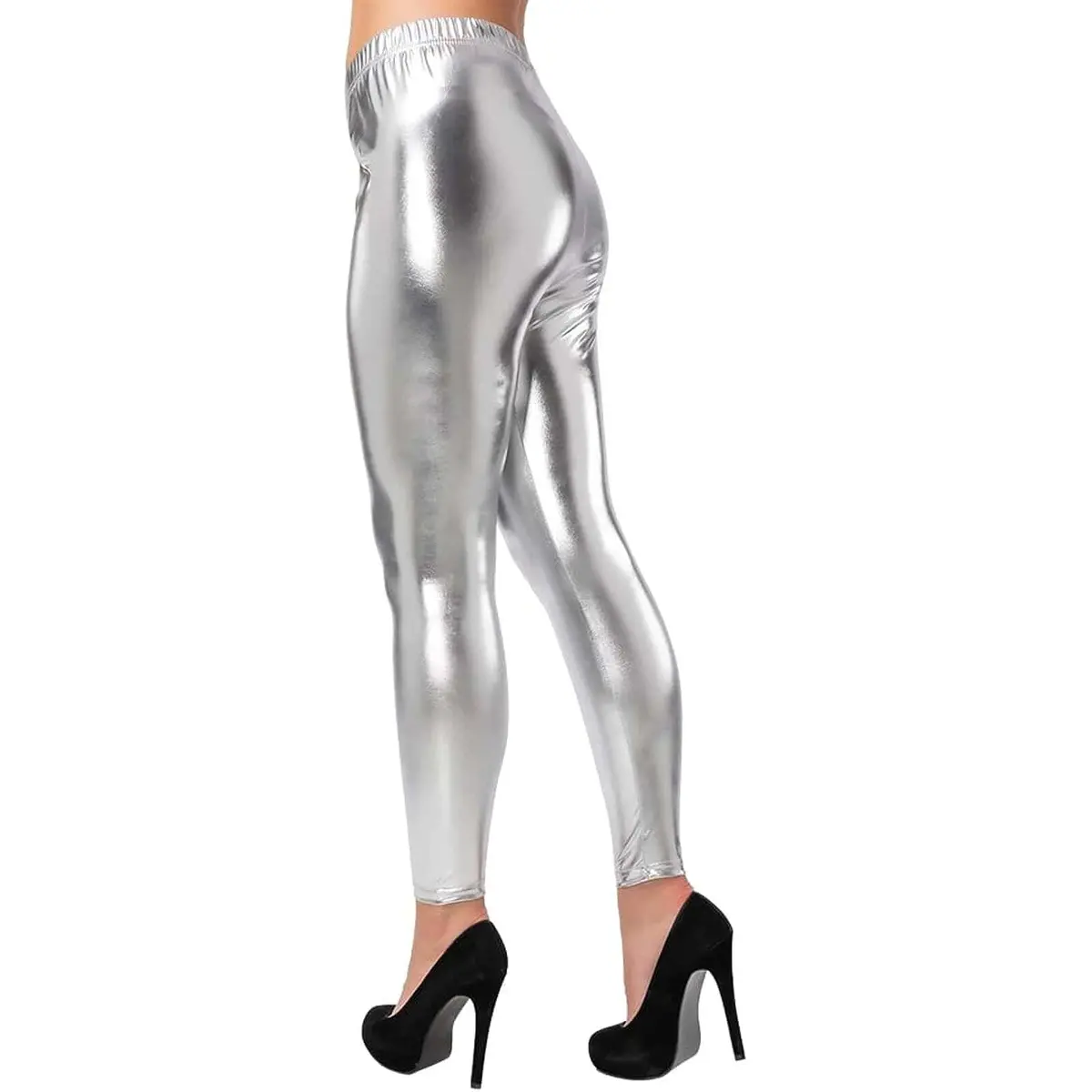 Womens Metallic Silver Leggings 80S Disco Shiny Fancy Dress 1