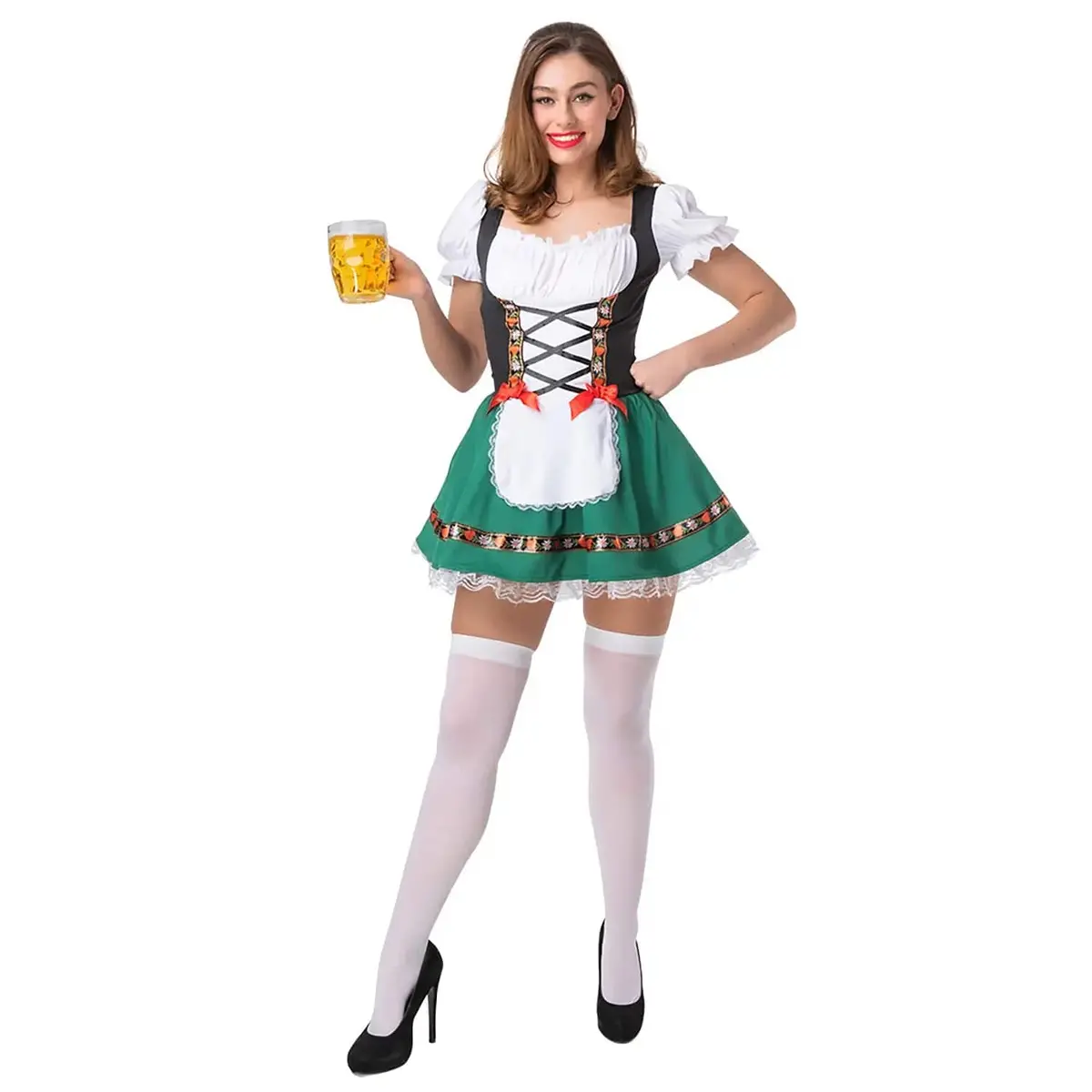 Adults Oktoberfest Beer Girl Green Skirt Bows Fancy Dress Costume 1
