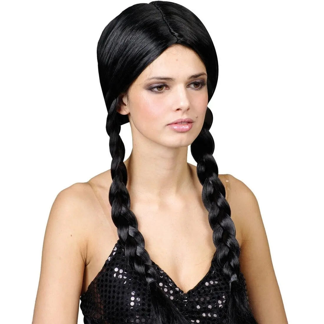 Long Black Braided Pigtails  School Girl Fancy Dress Party Wig 1
