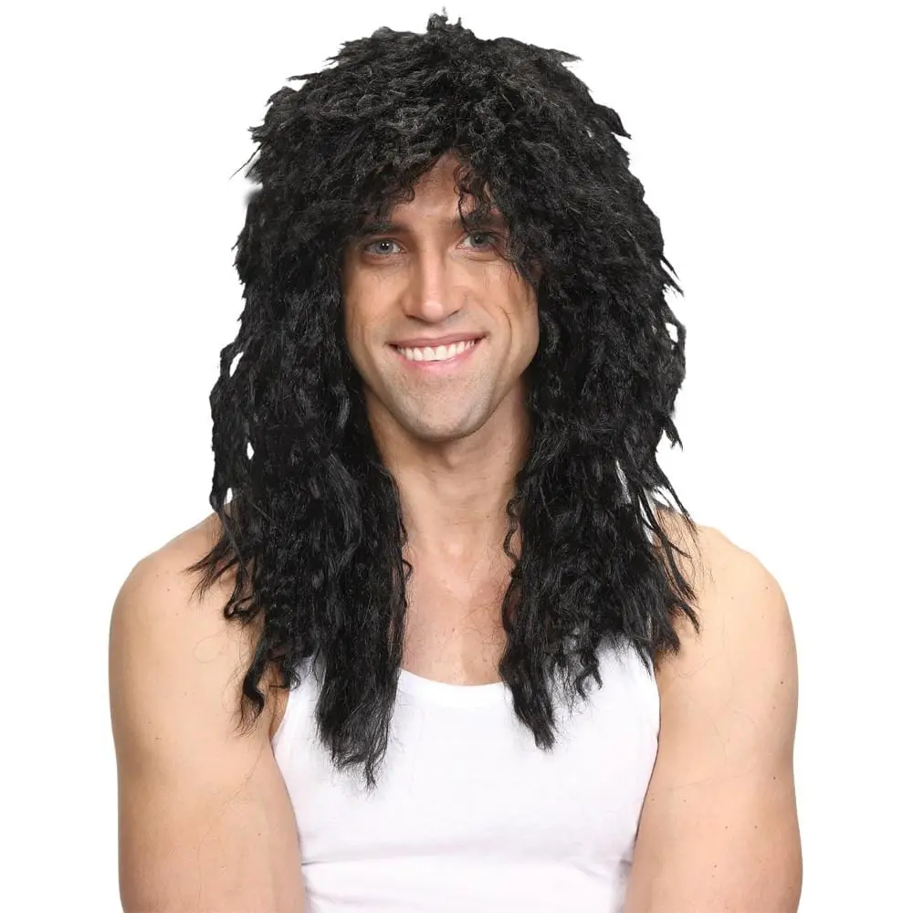 80S Rockstar Long Black Wig Big Hair Perm Fancy Dress 1