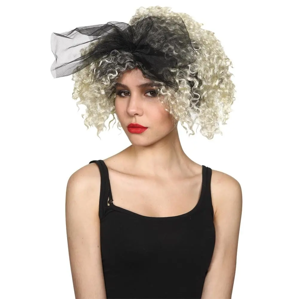 80S Material Girl Blonde Curls Wig Bow Madonna Fancy Dress 1