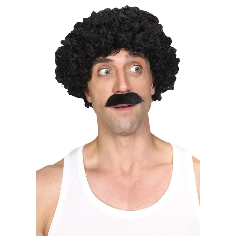 Shifty Guy Black Wig Moustache Set Fancy Dress Halloween 1
