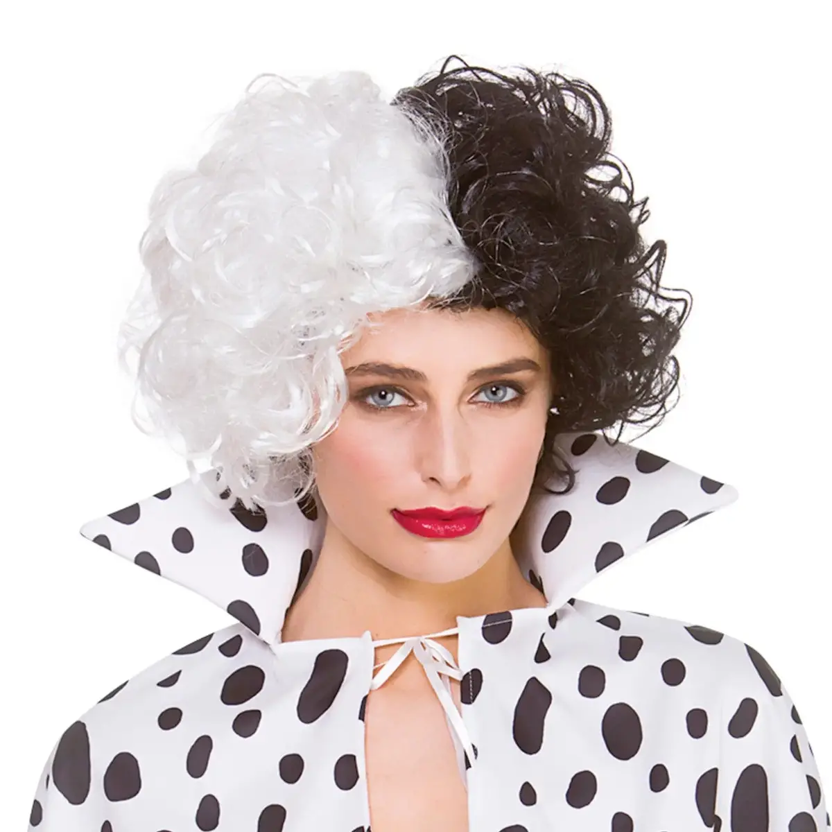 Dalmatian Cruel Lady Wig Black White Permed Hair Fancy Dress 1