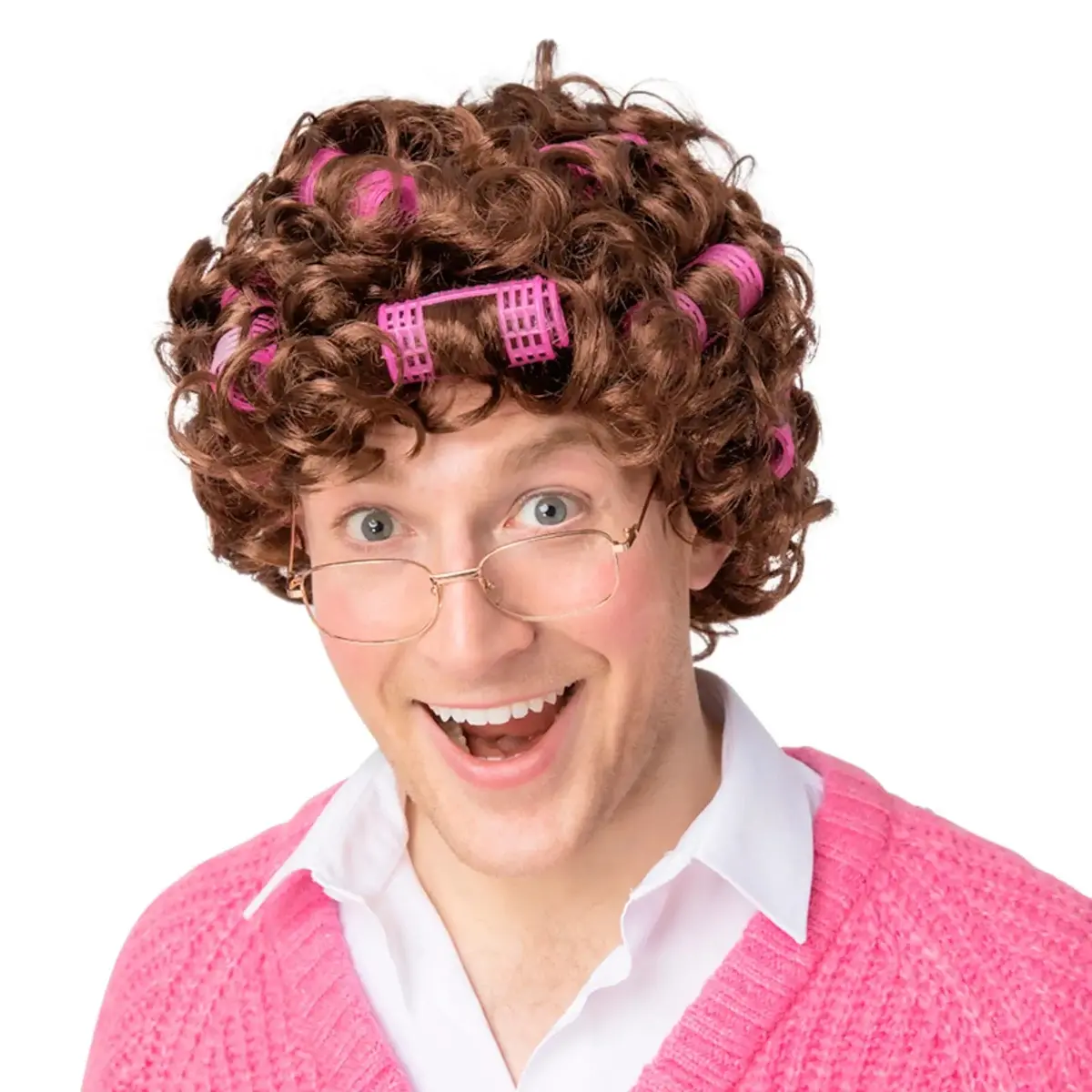 Granny With Pink Rollers Wig Brown Curly Hair Fancy Dress 1