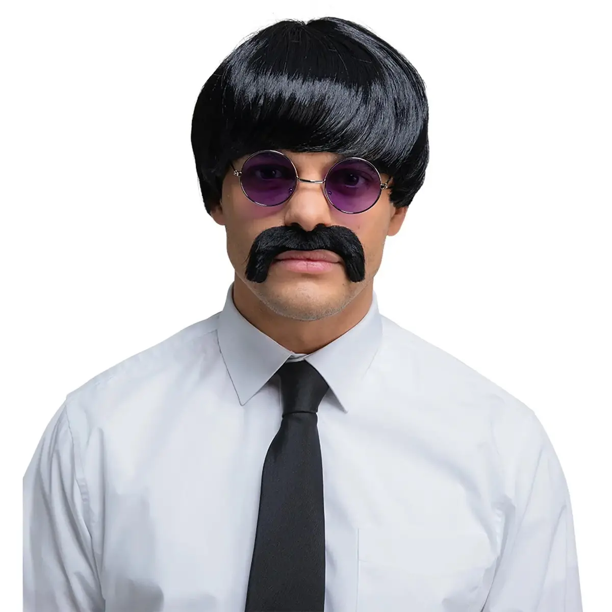 60S Pop Icon Black Wig & Moustache Sergeant Ringo Fancy Dress 1