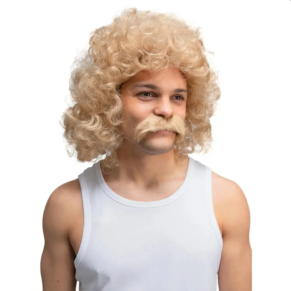 Dirty Blonde Perm Wig With Tash 70S 80S Disco Hair Fancy Dress 1