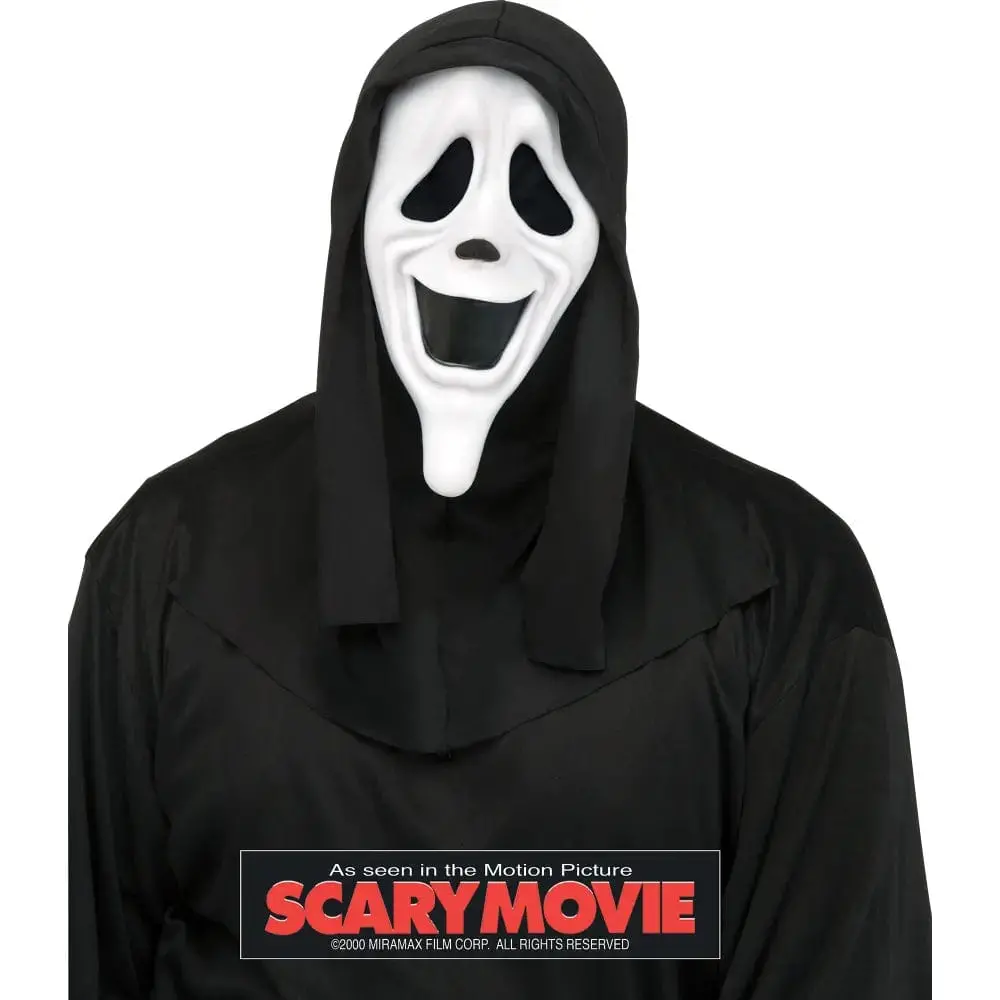 Scary Movie Smiley Spoof Mask With Black Shroud Fancy Dress 1