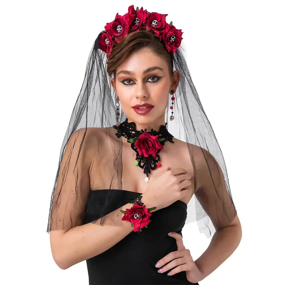 4 Piece Day Of The Dead Set Roses Veil Earrings Choker Corsage 1