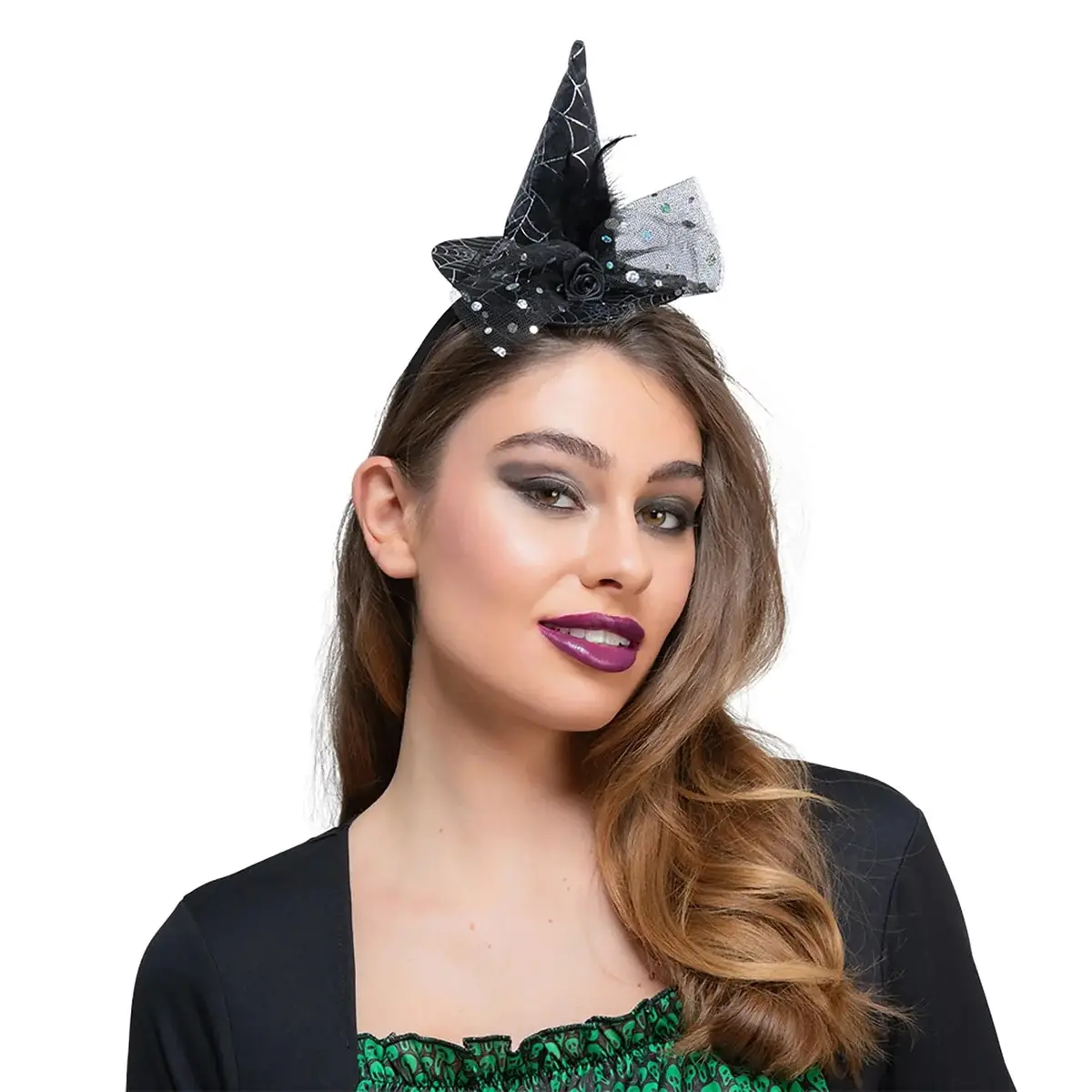 Mini Witch Hat Headband Black Rose Web Sequins Fancy Dress 1