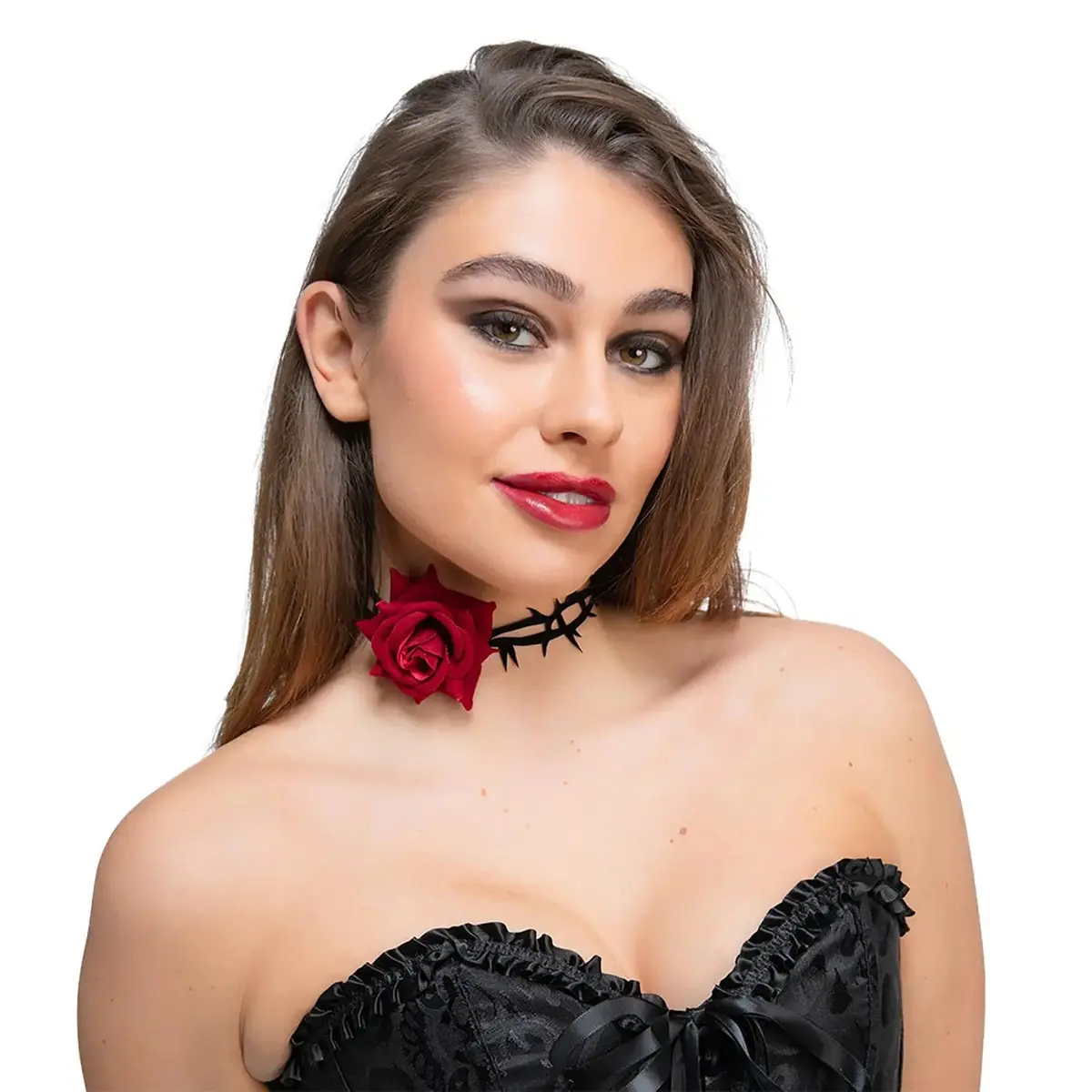 Red Rose & Thorn Choker Gothic Necklace Zombie Bride Fancy Dress 1