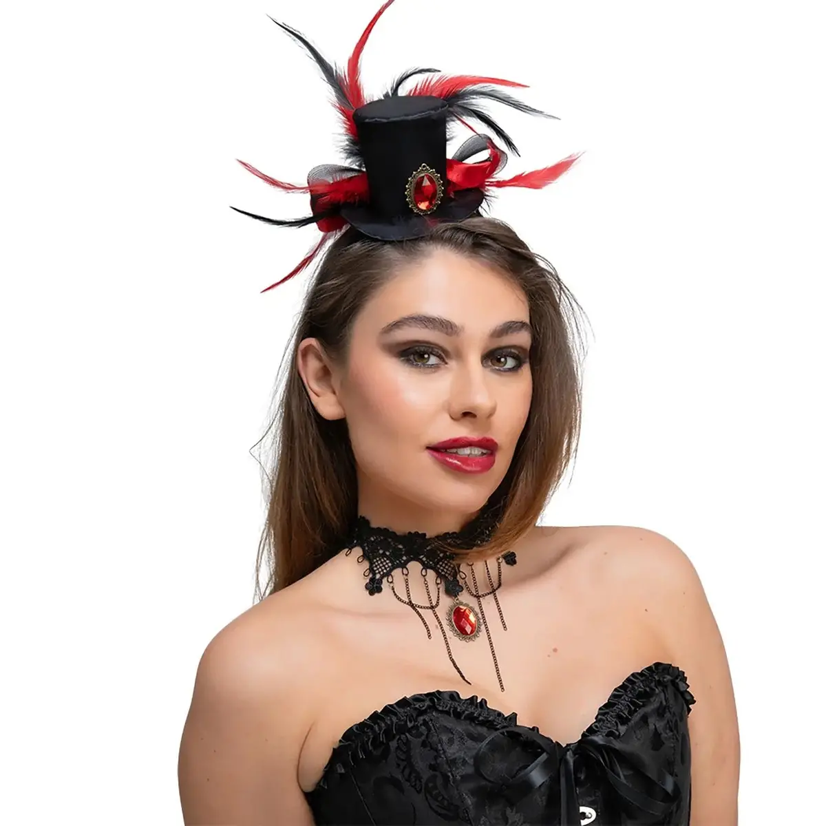 Adults Deluxe Vampiress Top Hat & Necklace Red Jewels Fancy Dress 1