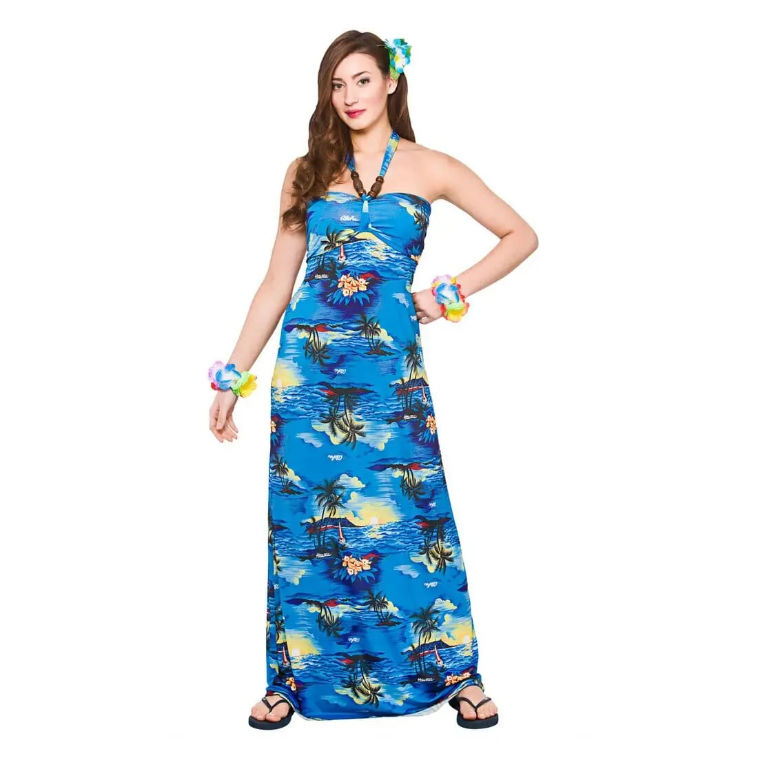 Hawaiian Long Dress Blue Palm Fancy Dress Beach Party 1