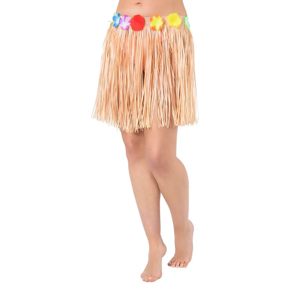 Short Hula Grass Skirt With Flowers Hawaiian Beach Party 40Cm 1