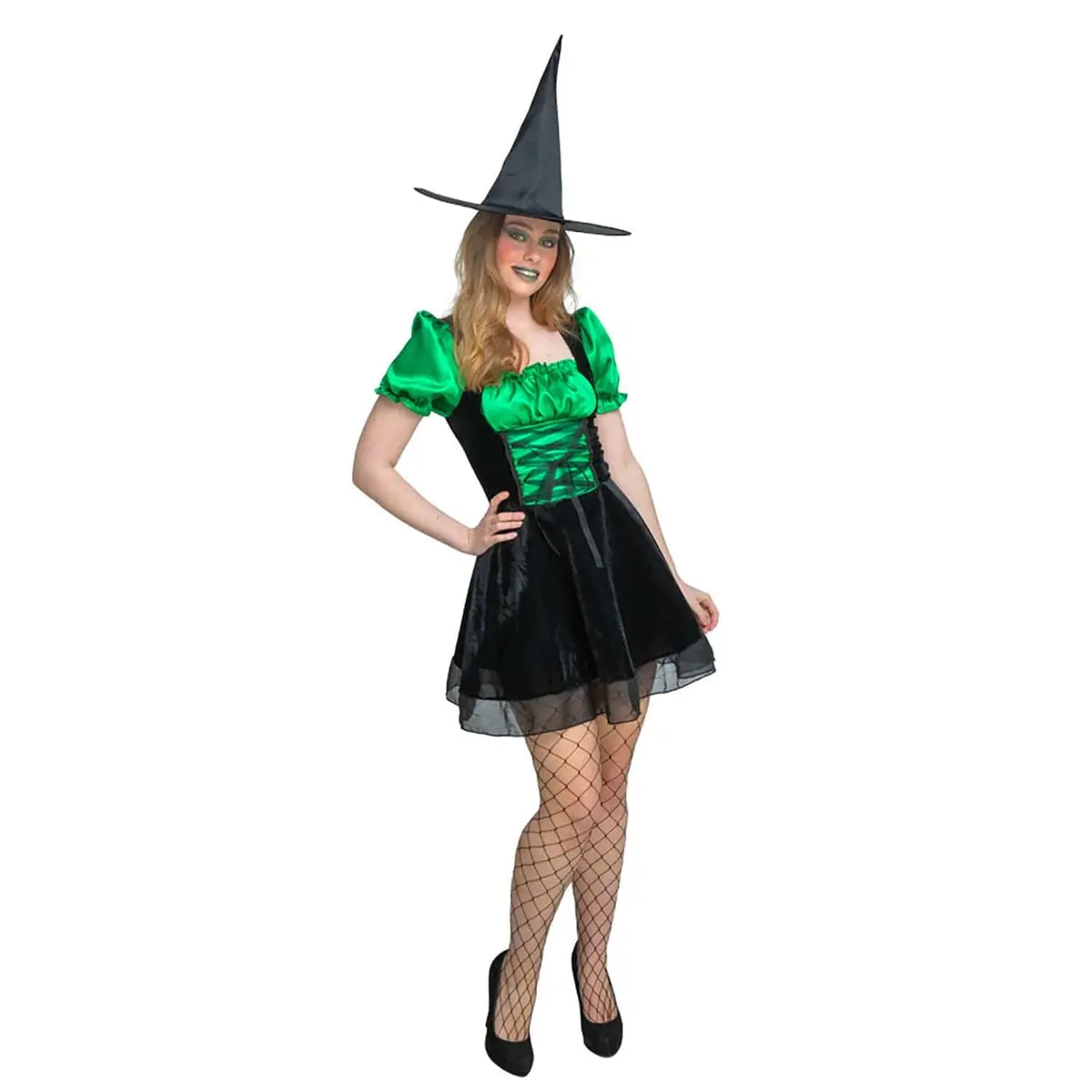 Womens Emerald Witch Costume Black Green Dress Hat Halloween 1