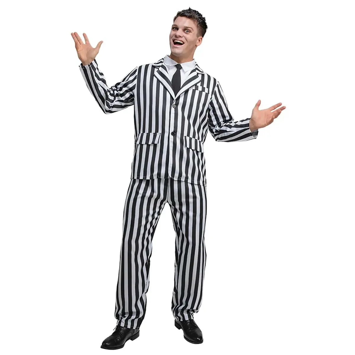 Adults Black & White Striped Suit Ghost Comedy Horror Fancy Dress Costume 1
