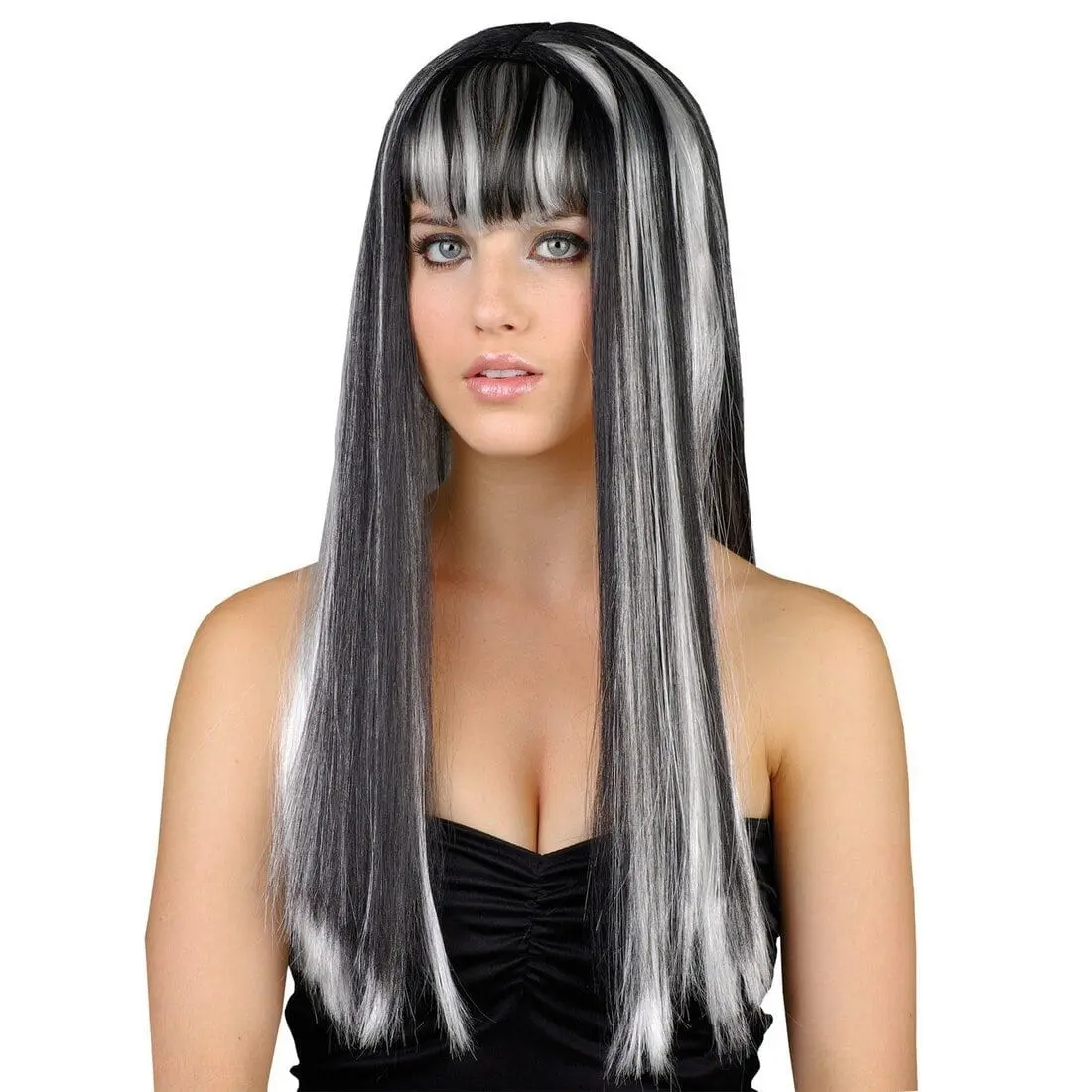 Drop Dead Gorgeous Long Silver Black Wig Fancy Dress Party 1