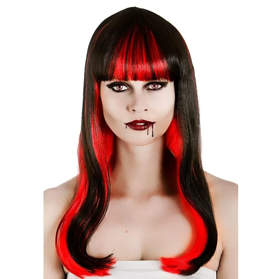 Womens Alluring Vampire Wig Long Black Red Halloween Accessory 1
