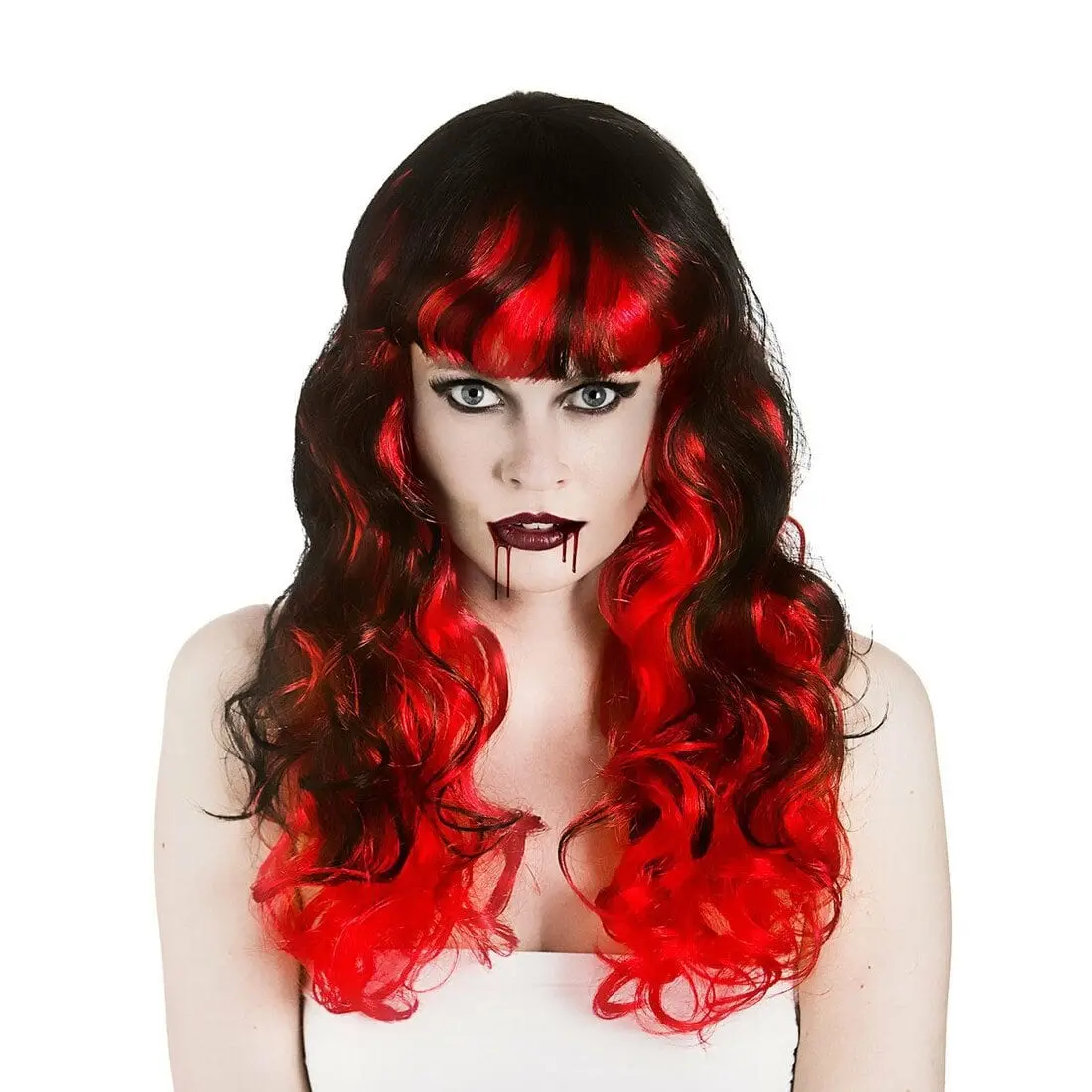 Womens Curly Long Vampiress Wig Black Red Halloween Accessory 1