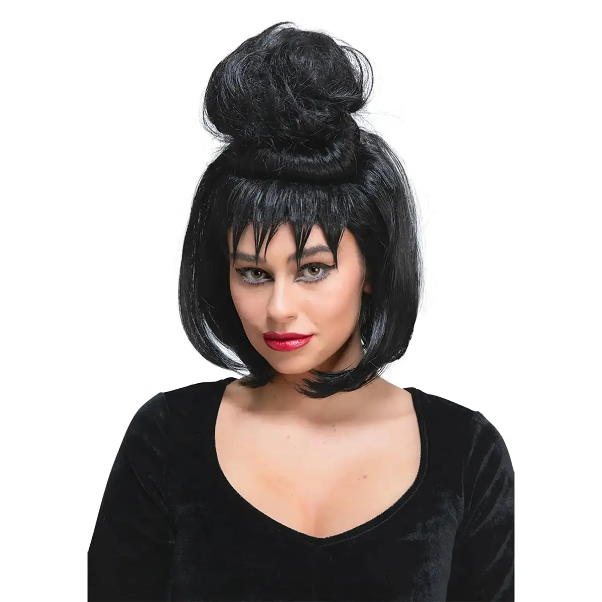 Dark Mistress Wig Short Black Hair Bun Goth Lydia Fancy Dress 1