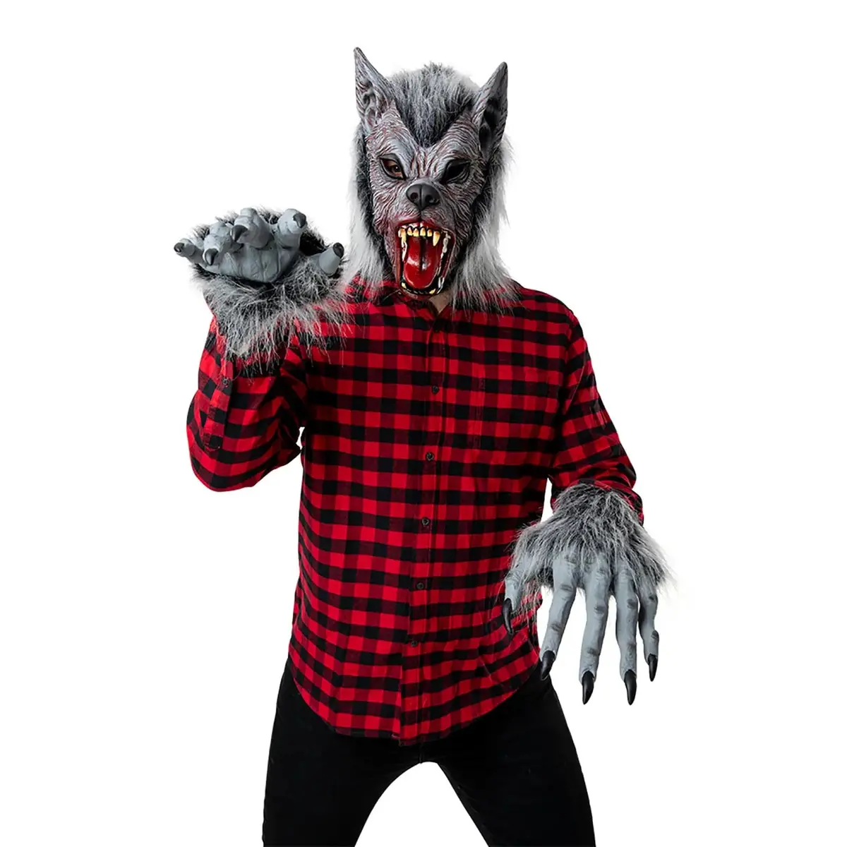 Adults Deluxe Werewolf Set Head Mask Glove Hands Grey Faux Fur 1