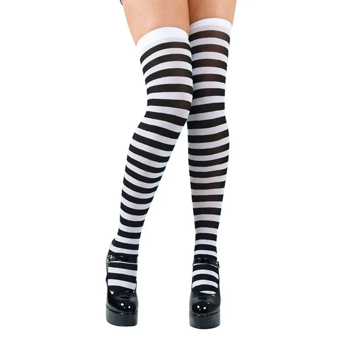 Womens Black White Stripe Thigh Highs Fancy Dress Accessory 1