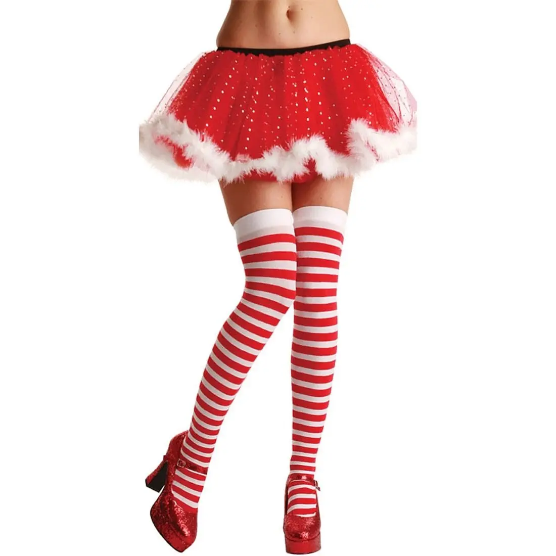 Womens Red White Stripe Thigh Highs Fancy Dress Accessory 1
