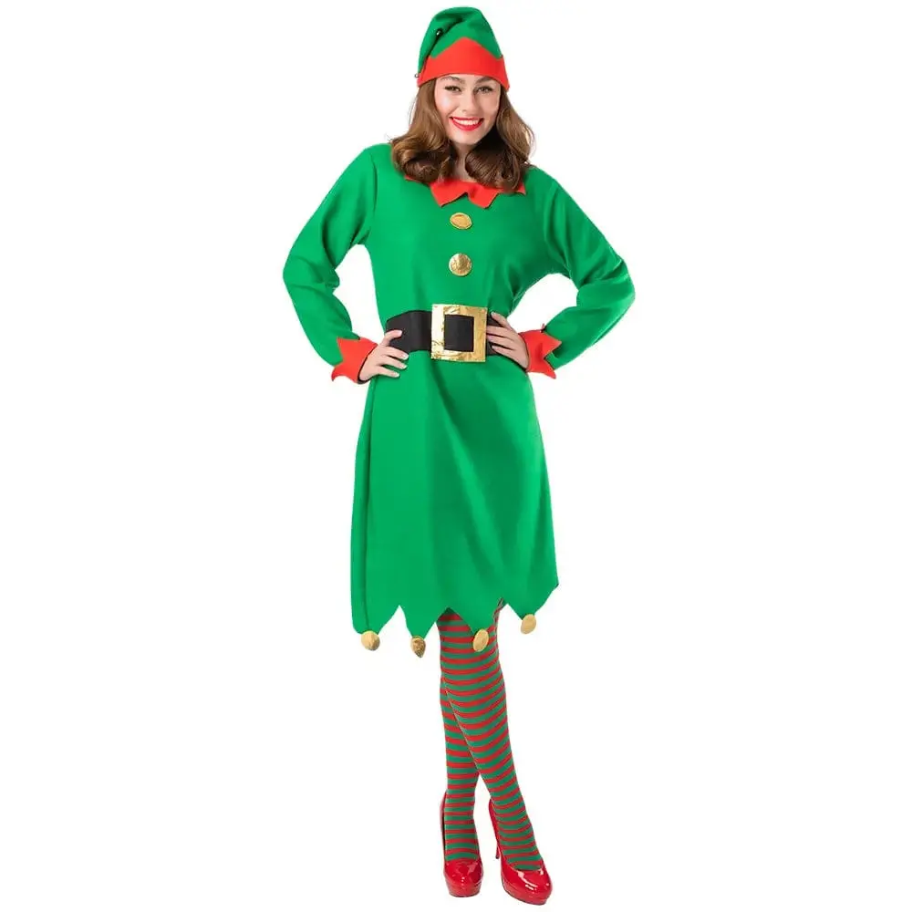 Adults Santa's Helper Dress & Hat Green Christmas Elf Costume 1