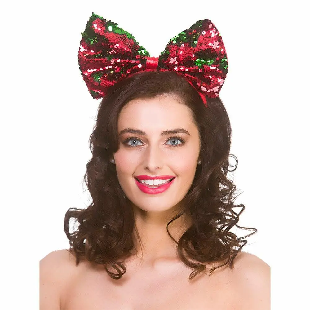 Adults Flip Sequin Christmas Bow Red Green Fancy Dress Party 1