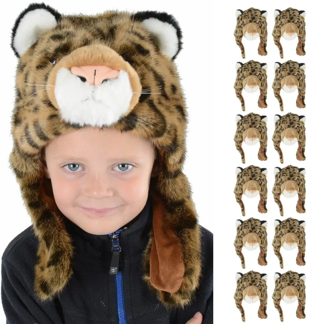 Bulk Pack Of 12 Kids Deluxe Faux Fur Leopard Hat With Ear Flaps 1