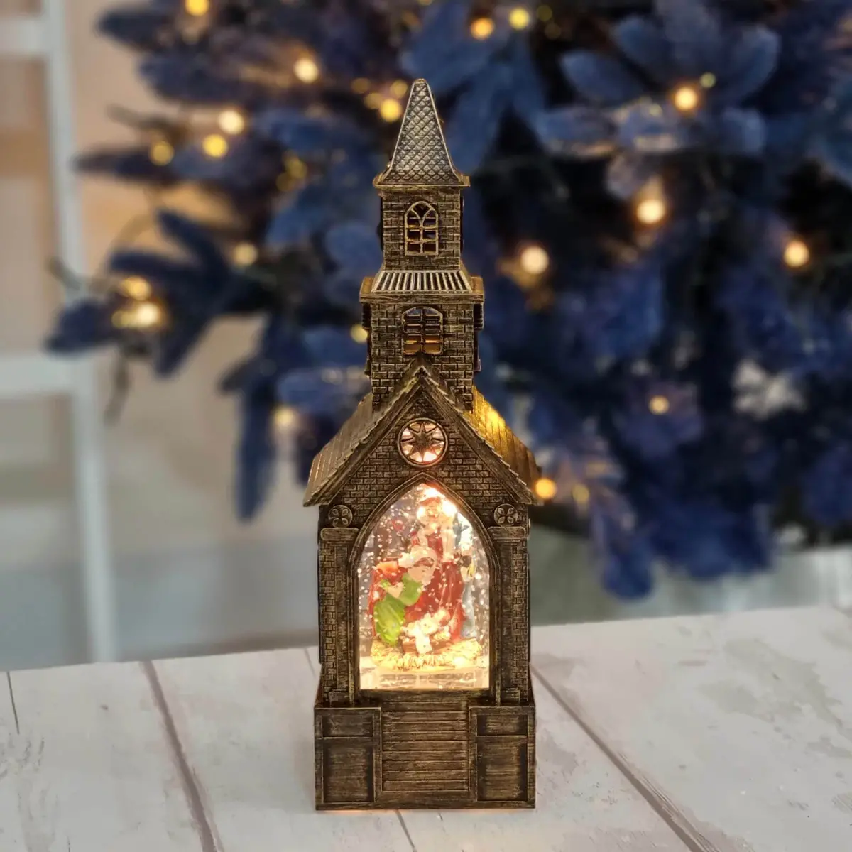 Light Up Glitter Water Filled Church With Traditional Nativity Scene 1